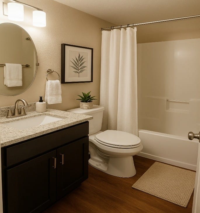 A Pineview full bathroom with a dark vanity and stone-look counter, a round mirror, a toilet, and a tub-and-shower with a white curtain