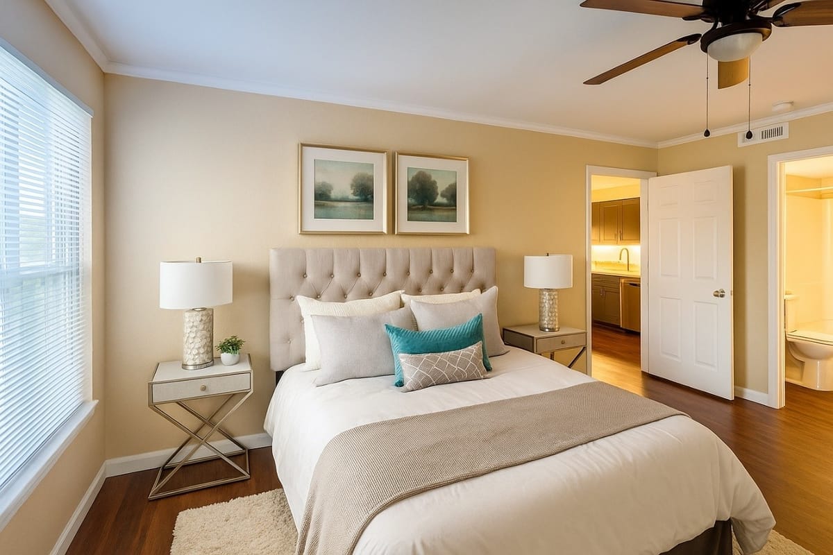 A Pineview bedroom with a tufted headboard, two nightstands and lamps, a large window, and a doorway toward the kitchen and bath