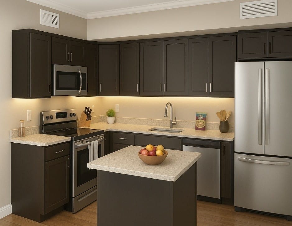 A Pineview kitchen with dark shaker cabinets, stainless-steel appliances, a center island, and light stone-look countertops