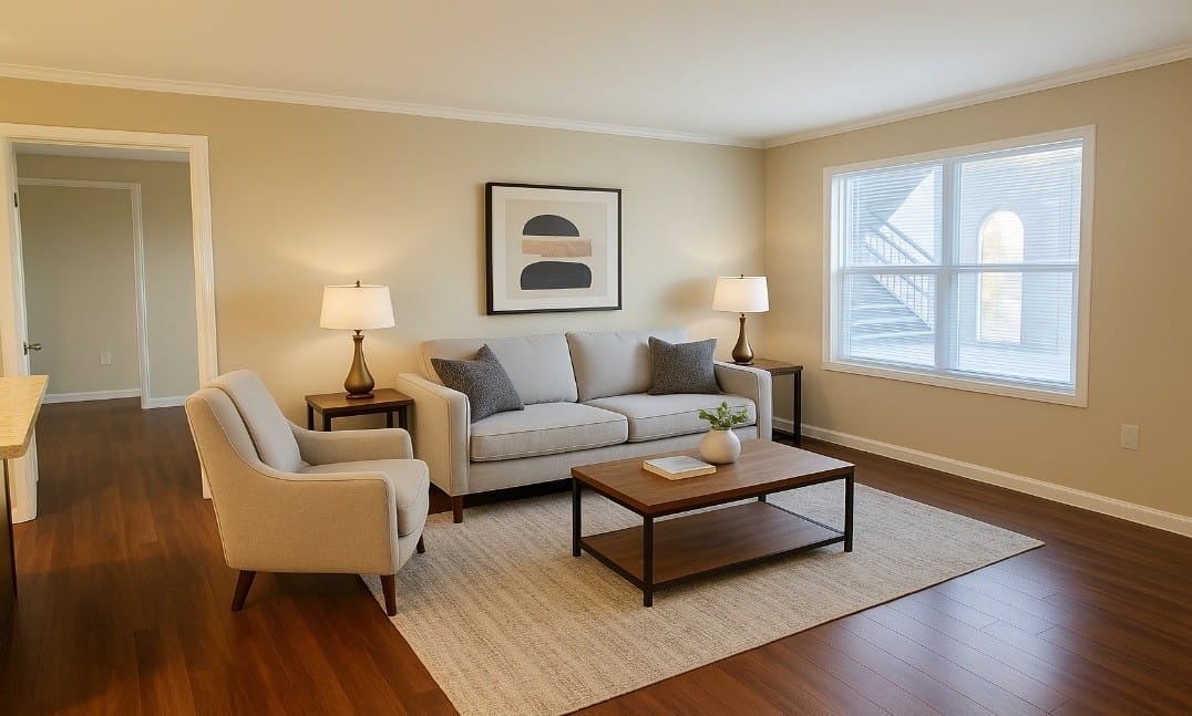 A bright Pineview living room with a light sofa and armchair, crown molding, an area rug, and a large window