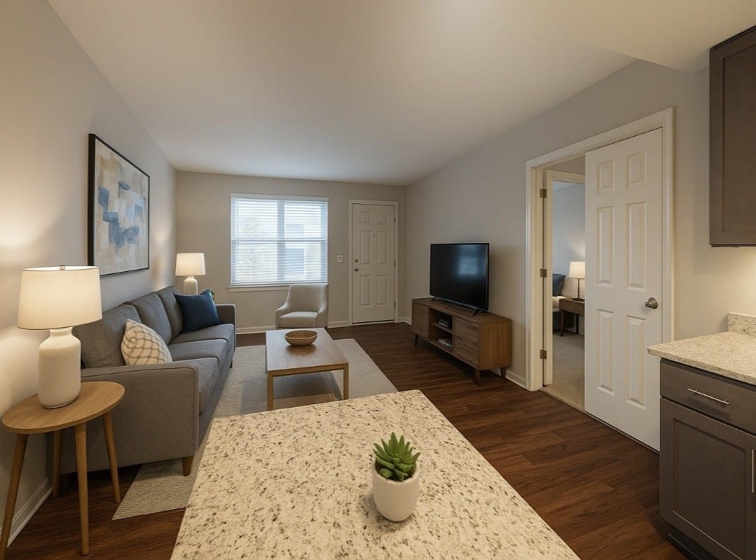 A Pineview living room with a gray sofa, a wood TV console, hardwood-look flooring, and a doorway through to a bedroom